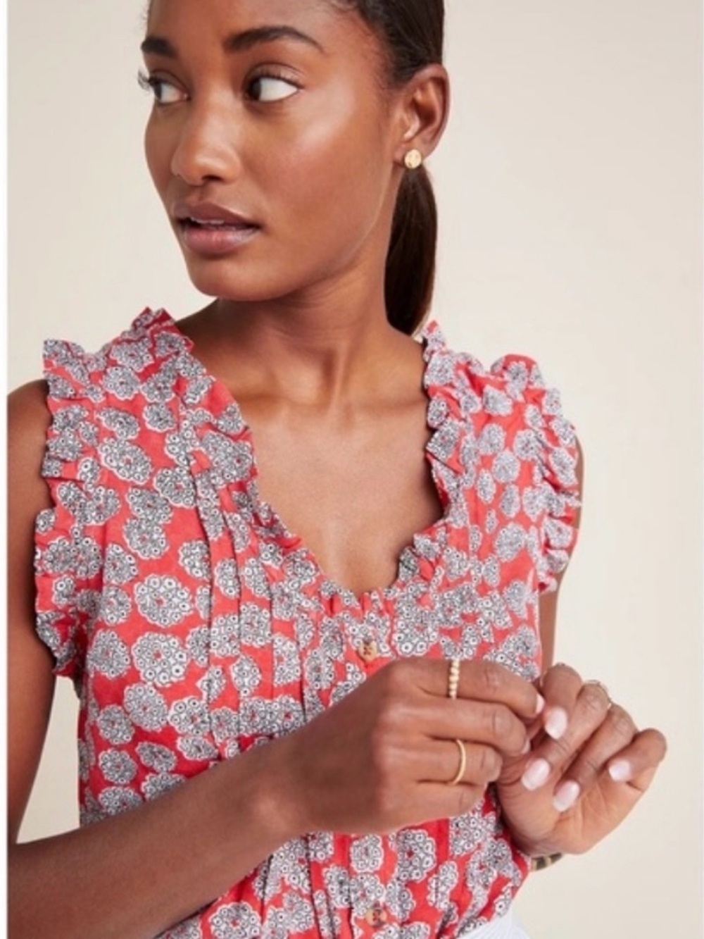 Maeve Coral Floral Ruffle-Trim Sleeveless Cami